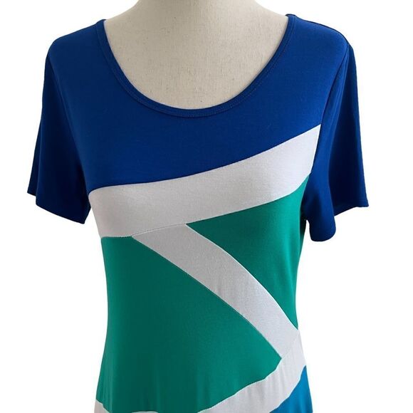 Lynn Ritchie Silver Graphic Color Block Short Sleeve Midi Dress Blue + Green S - Picture 3 of 9